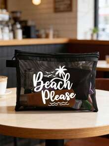 彩色「Beach_please」文字、椰子樹與海鷗圖案海灘主題網袋，便攜大容量透明化妝包，可收納口紅與氣墊粉撲，輕量耐用易攜帶，夏威夷風海岸風情，適合海灘度假、夏季旅行、游泳、購物、健身，女性旅行短途出遊，母親節、情人節、教師節、畢業季、開學季、齋月禮物 - 彩色 - 查看 11