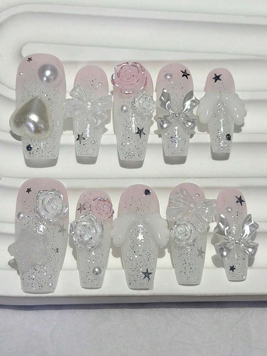10片甜美天使3D美甲貼片-粉色漸層亮片翅膀花卉穿戴甲,美甲用品(含1片果凍貼 + 1片指甲锉) - 白色 - 查看 1