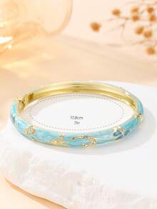 1pc Fashion New Rhinestone Decor Enamel Floral Pattern Filigree Bracelet Bangle Jewelry Gift For Women And Girls - Mint Blue - View 5