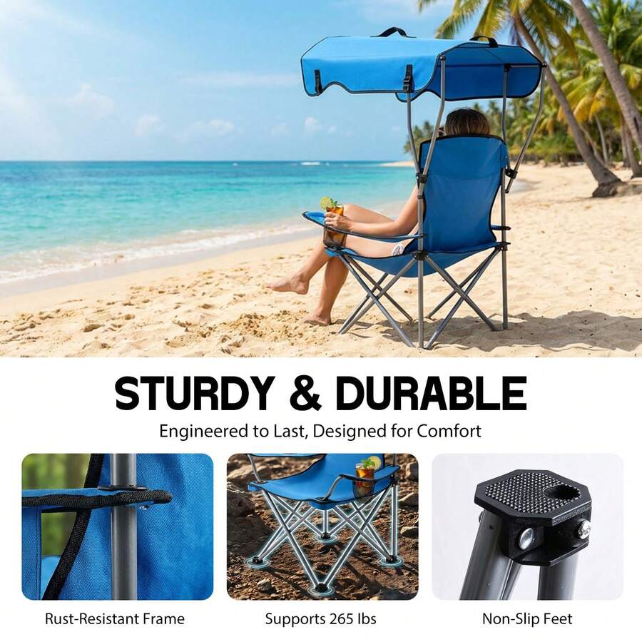 Portable Folding Camping Chairs With Canopy Shade, Fishing Chair With Sun Shade Canopy, Beach Chair For Adults, Durable Weather Resistant 600D Oxford Cloth, Camping Chair With Canopy For Outdoors - Blue - View 1