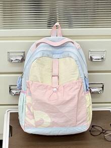 Dopamine Color-Block Water-Resistant Large Capacity Ultra-Light Backpack, Outdoor Casual Drawstring Design Multi-Pocket Functional Backpack, Student Commuter Travel Backpack, Suitable For School, Tutoring, Work, Commuting, Shopping, Travel, Back To School Season - Multicolor - View 3