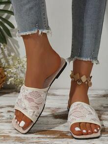 Sandales plates à enfiler pour femmes, nouveau style d'été pour l'extérieur, polyvalentes et confortables, chaussures de plage décontractées, pantoufles de marche, slides sexy en maille - Beige - Voir 3