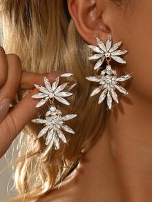 1 par de pendientes de cristal brillante geométricos de moda para damas novias, adecuados para joyas de uso diario, vestidos de noche de alta gama, bodas. - Plata 588-1 - Ver 2