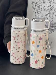 1 Stück 600ml isolierter Becher mit Blumen-Schleife, vakuumisolierter Becher mit Griff und Trageband, Edelstahl-Innenfutter, Kalt- & Heißgetränke Reisebecher, tragbarer Wasserbecher für Frauen, perfektes Urlaubsgeschenk - Weiss - Übersicht 1