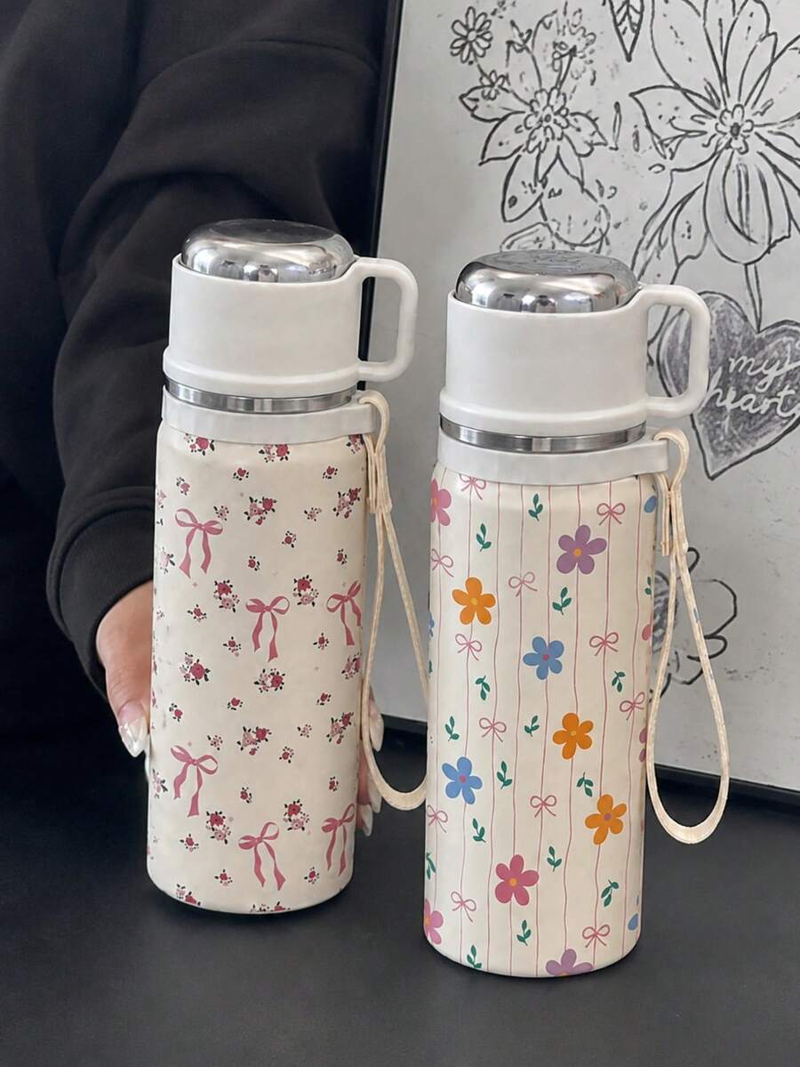 1 Stück 600ml isolierter Becher mit Blumen-Schleife, vakuumisolierter Becher mit Griff und Trageband, Edelstahl-Innenfutter, Kalt- & Heißgetränke Reisebecher, tragbarer Wasserbecher für Frauen, perfektes Urlaubsgeschenk - Weiss - Übersicht 1