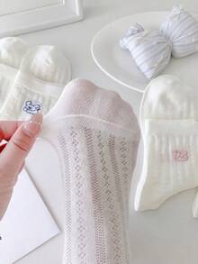 5 Paar zufällig sortierte Damen-Socken in Reinweiß mit Cartoon-Tier-Schleifenmuster, atmungsaktiv, frisch, süß, im mädchenhaften Stil, mittellange Socken, geeignet für den täglichen Gebrauch, Zuhause und als Geschenk - Verschiedenfarbig - Übersicht 3