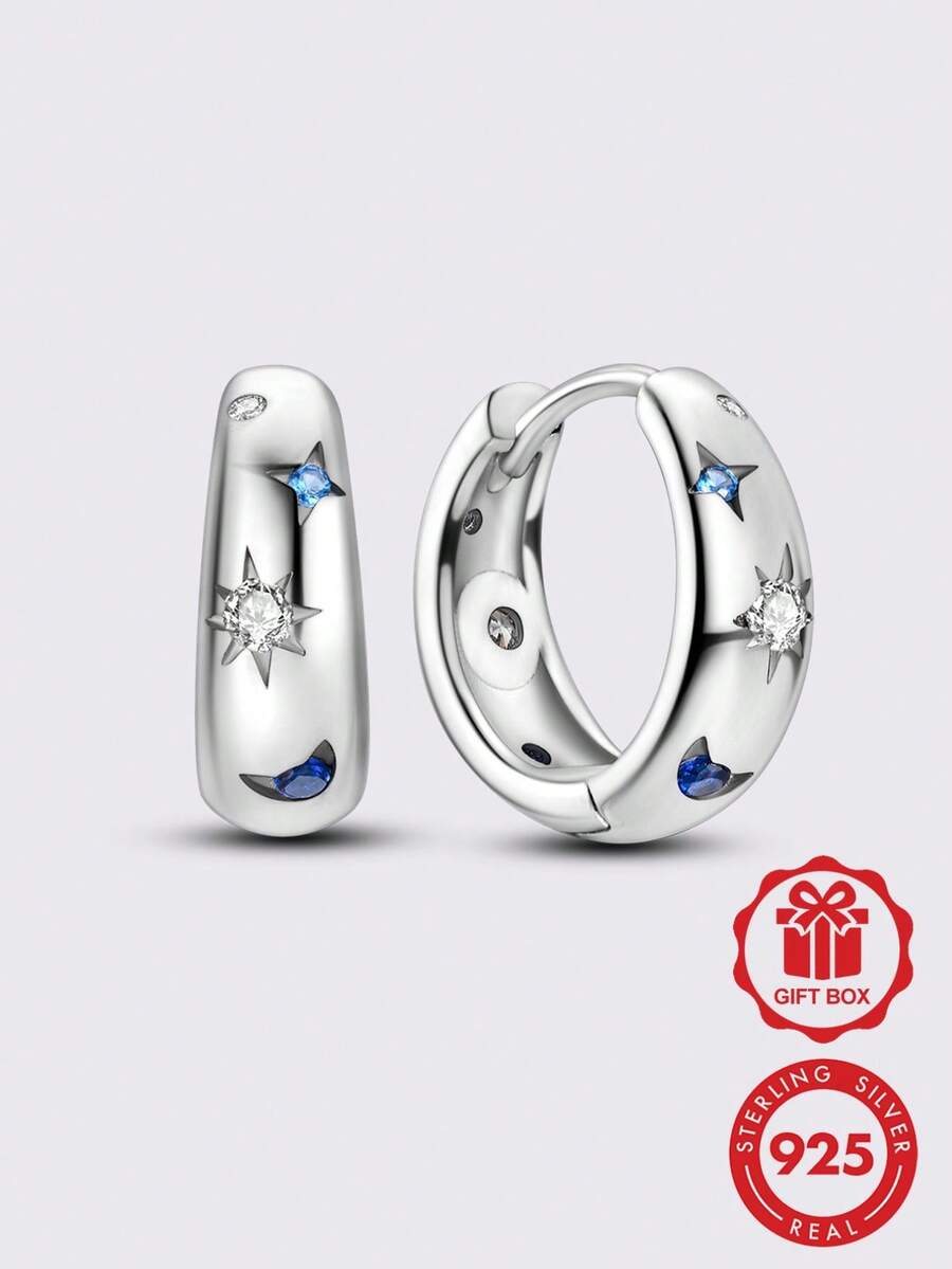 1 Pair Original Design 925 Sterling Silver Earrings For Women Featuring Classic Star And Moon Design Elegant Jewelry Gift High-Quality Cubic Zirconia - Silver - View 1