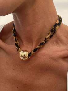 1pc Fashionable Round Ball Pendant Necklace Sexy Leopard Print Cotton Flower Heart Clavicle Women's Jewelry - Multicolor 2 - View 2