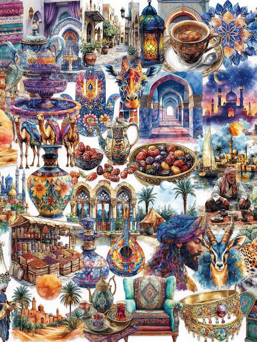 50pcs Waterproof Arabic Desert Stickers, Vintage Morocco Camel Mosque PET Stickers, For Planner, Cup, Journal Decoration - Multicolor - View 1