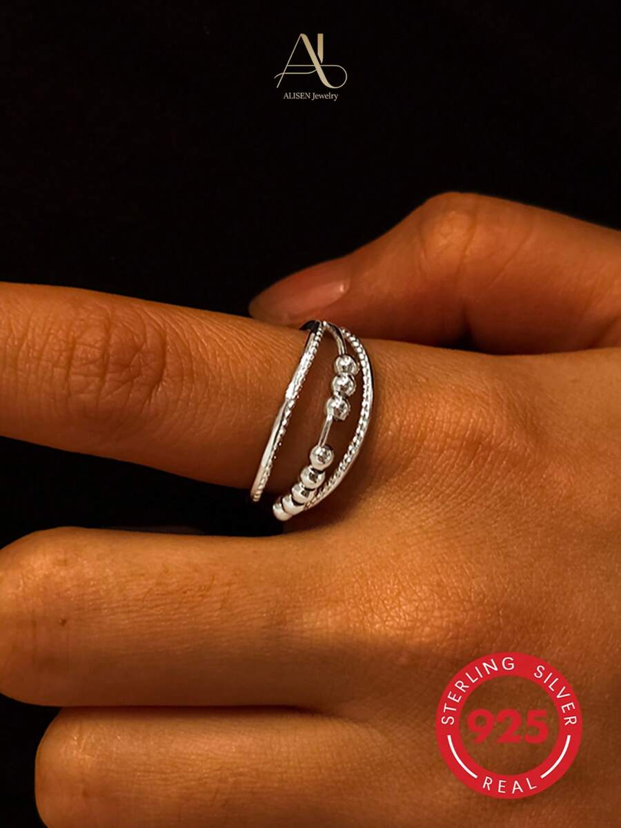 1 pieza Anillo de bola geométrica móvil de plata 925 elegante y de moda, adecuado para vacaciones, fiestas y banquetes de mujeres - Plateado - Ver 1