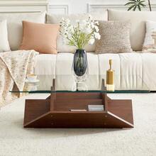 Multifunctional Coffee Table In Tempered Glass And MDF, Walnut Finish, With Spacious Compartments For Everyday Items, Ideal For The Living Room Or Office. - 自然色 - 查看 5