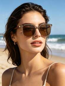 1 par de gafas de moda decorativas para mujer, adecuadas para uso diario, vacaciones de verano en la playa, actividades al aire libre, viajes, estilo bohemio con estampado de leopardo y carey, marco cuadrado de gran tamaño, adecuadas para vacaciones, playa, viajes - Marrón - Ver 4