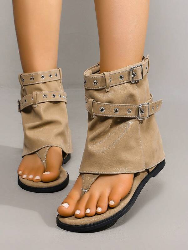 Sandalias botín altas hasta el muslo con hebilla para mujer, botines góticos punk de cuero plegables, botines romanos cortos con tacón de cuña invisible y punta abierta.