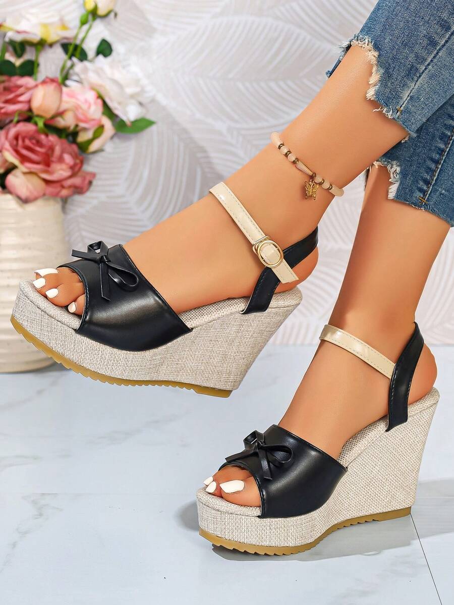 Sandalias de plataforma con cuña y hebilla de unicolor estilo retro para mujer de talla grande - Negro - Ver 1