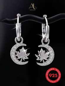 1 pieza Pendientes de clip-on para mujer con diseño de nicho único y dulce, de plata de ley 925, con circonita, forma geométrica redonda de luna, hoja de arce, media luna y strass, color dorado, estilo versátil, adecuados para oficina, ir al trabajo, citas, viajes, vacaciones, fiestas, banquetes, bodas, uso casual de otoño, regalo perfecto para cumpleaños y festividades - Plateado - Ver 4