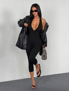 AITYI Studio PETITE Women's Jumpsuit, Well Fit Casual V-Neck Spaghetti Strap Black Comfortable Slim Flattering Fashionable Sexy Chic Outdoor Commute Workout Versatile Y2K, Suitable For Outings, Holidays, Beach Parties, Country Getaways, Graduation, June Celebration, Saint John, Summer Elastic Knit Spaghetti Strap Cropped Jumpsuit - Black - View 6