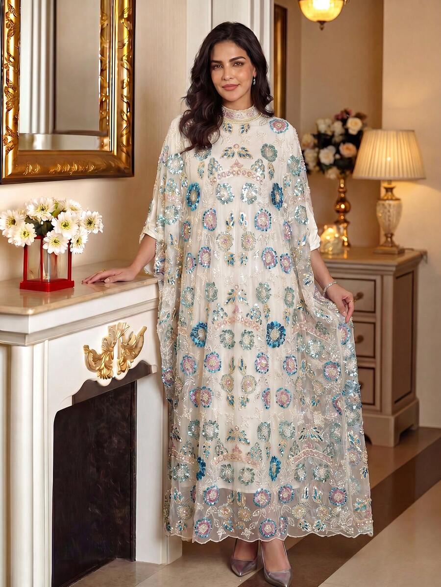 Đầm trắng phong cách Ả Rập thanh lịch, thiết kế cổ đứng tay raglan, đính chi tiết sequin màu tương phản, lựa chọn váy dạ hội sang trọng - trắng - Xem 1