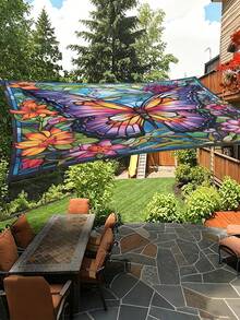 1pc Butterfly And Flower Print Design Sunshade, Outdoor Adventure Sunshade And Canopy, 2D Flat Printed Tent, Washable, Suitable For Garden, Camping, Beach And Other Multiple Scenes, Equipped With 4 Fixing Ropes And 4 Ground Stakes, Support Frame Not Included - Multicolor - View 9