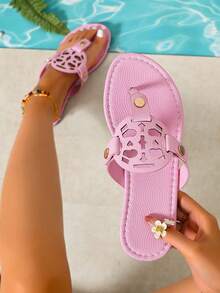 2026 Nuevas sandalias tipo flip-flop planas con diseño hueco para mujer talla grande - Casual versátil - Nueva llegada de verano - Cómodo casual - Uso diario - Vacaciones en la playa - Diseño hueco - Estilo de punta abierta - Zapatos planos - Caqui - Tacón bajo - Estilo casual - Desplazamiento al trabajo - Celebración de fiesta - Verano - Beige, Negro, Blanco, Rojo, Dorado, Plateado, Marrón, Material sintético - Rosa - Ver 1