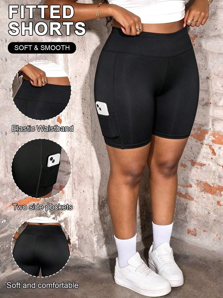 Summer New Women's Plus Size Solid Color Elastic Sports Shorts With Side Pockets, Versatile Retro Minimalist Slim High Waist Running Street Black - Black - View 1