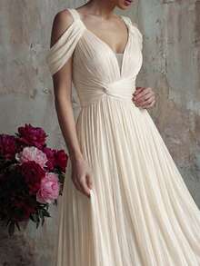 Smilprince 女款杏色奢華露肩雪紡拖尾修身飄逸正式晚禮服，適合夏季秋季婚禮賓客派對與特殊場合穿著 - 杏色 - 查看 5