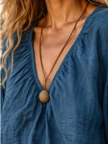 Classic Retro Pleated Loose Deep V Lantern Sleeve Top - Blue - View 7
