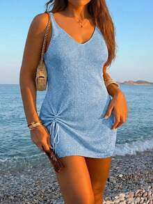 Women's Plus Size Summer Beach Vacation Bohemian Style Shiny Silk Ruched Crochet Strap Cover-Up Mini Dress, Lightweight Semi-Sheer Holiday Dress - Blue - View 6