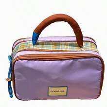 Bolsa de maquillaje de mano con diseño de bloques de color dopamina y patchwork de cuadros, organizador de artículos de tocador de viaje impermeable con compartimentos multicapa de gran capacidad - Morado - Ver 7