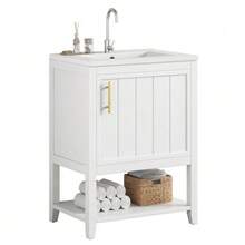 Mueble de baño con lavabo individual, mueble de lavabo de 60 cm con lavabo de cerámica y estante, blanco. - Blanco - Ver 1