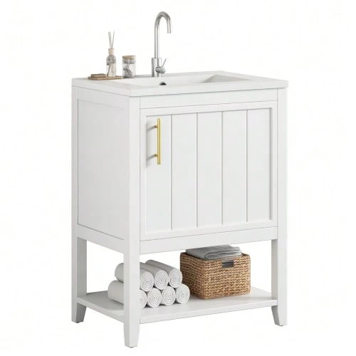 Mueble de baño con lavabo individual, mueble de lavabo de 60 cm con lavabo de cerámica y estante, blanco. - Blanco - Ver 1