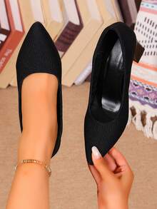 All-Season Knitted Pointed Toe Chunky Heel Pumps, Princess High Heels, Black, Beige, Burgundy, Elastic Fabric Chunky Heel Fashion Versatile Sexy Casual Commute Women's Shoes - Black - View 5