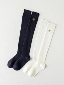 2 Pairs Solid Color Children's Over-The-Knee Socks, Embroidered High-Top Calf Socks - Multicolor - View 11