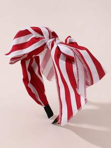 1pc Women's Fashionable Elegant Red & White Striped Print Bow Ribbon Rabbit Ear Wide Headband Knotted Fabric Hair Hoop, Suitable For Daily Casual Beach Vacation Decoration & Styling Hairband - Red - View 1