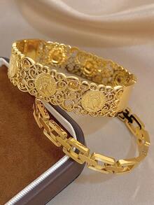 Ensemble de bracelets joncs vintage dorés ajourés avec portrait de pièce, pour femmes, bijoux en acier inoxydable, cadeau bohème d'été pour maman, pour le quotidien, les fêtes, les anniversaires et la Saint-Valentin - Multicolore - Voir 4