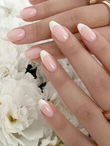 30pcs Short Almond Shape Classic Nude White French Manicure Nail Stickers, Minimalist Elegant Press-On Acrylic Nail Tips, Smooth Surface Fake Nails Set, Suitable For Daily Commute, Date, Wedding, Party, Vacation Photo, Nail Salon, Reusable Nail Art Accessories - Multicolor - View 1