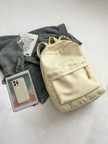 1pc Preppy Style Solid Color Casual Backpack, Multi-Pocket Lightweight School Day Bag With Adjustable Shoulder Straps, Suitable For Students/Girls/Teens/Young Adults, Perfect For Back To School, Campus Learning, Outdoor Camping, Short Weekend Trips And Daily Casual Outdoor Use - Yellow - View 4