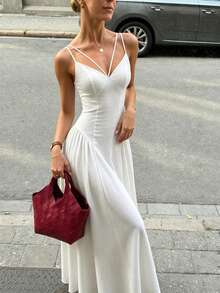 Vuslat Women's Summer Pure White Plain Double Thin Strap Criss-Cross V-Neck Split Fishbone Waist Gathered Sides Full Skirt Floor-Length Vacation Dress, Draping Breathable Matte Woven Fabric, Suitable For Independence Day, Holiday Outfits, Beach Outdoor Parades, European City Street Photography, Island Vacation Travel Photos, Luxury Afternoon Tea Dates, Summer Short Trips To Nearby Suburbs And Multiple Occasions - White - View 5