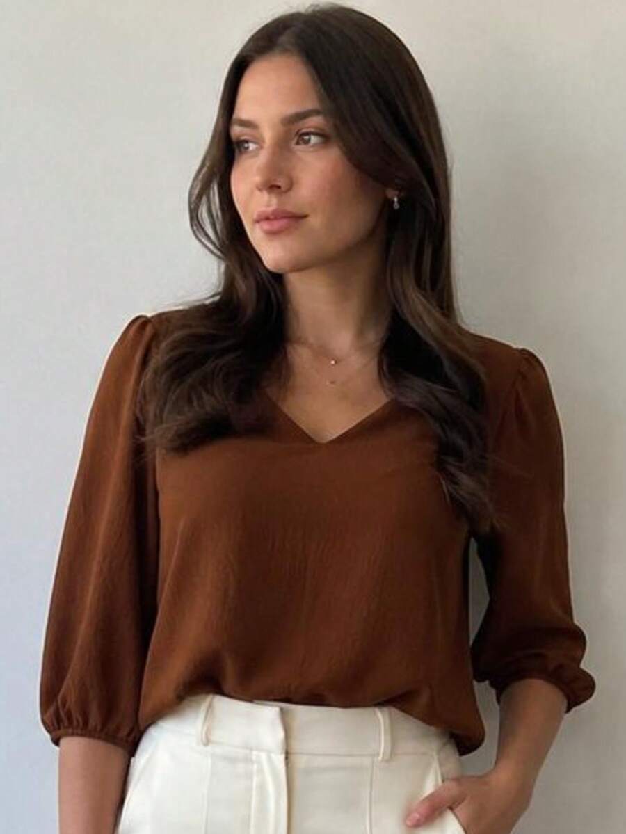 3/4 Length Polyester Blouse, Contrast Knit, Sizes M To XL, Perfect For Daily Wear, Holidays, Office, Home, And Autumn. - بني مصدي - مشاهدة 1