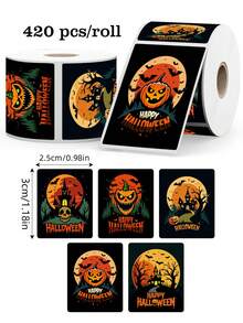 420pcs Halloween Horror Pumpkin Graffiti Roll Stickers, 5 Rectangular Pattern Designs, Festive Party Helmet Water Bottle Phone Case Scrapbook Planner DIY Decoration PVC Sealing Labels - Terrifying Pumpkin - View 6