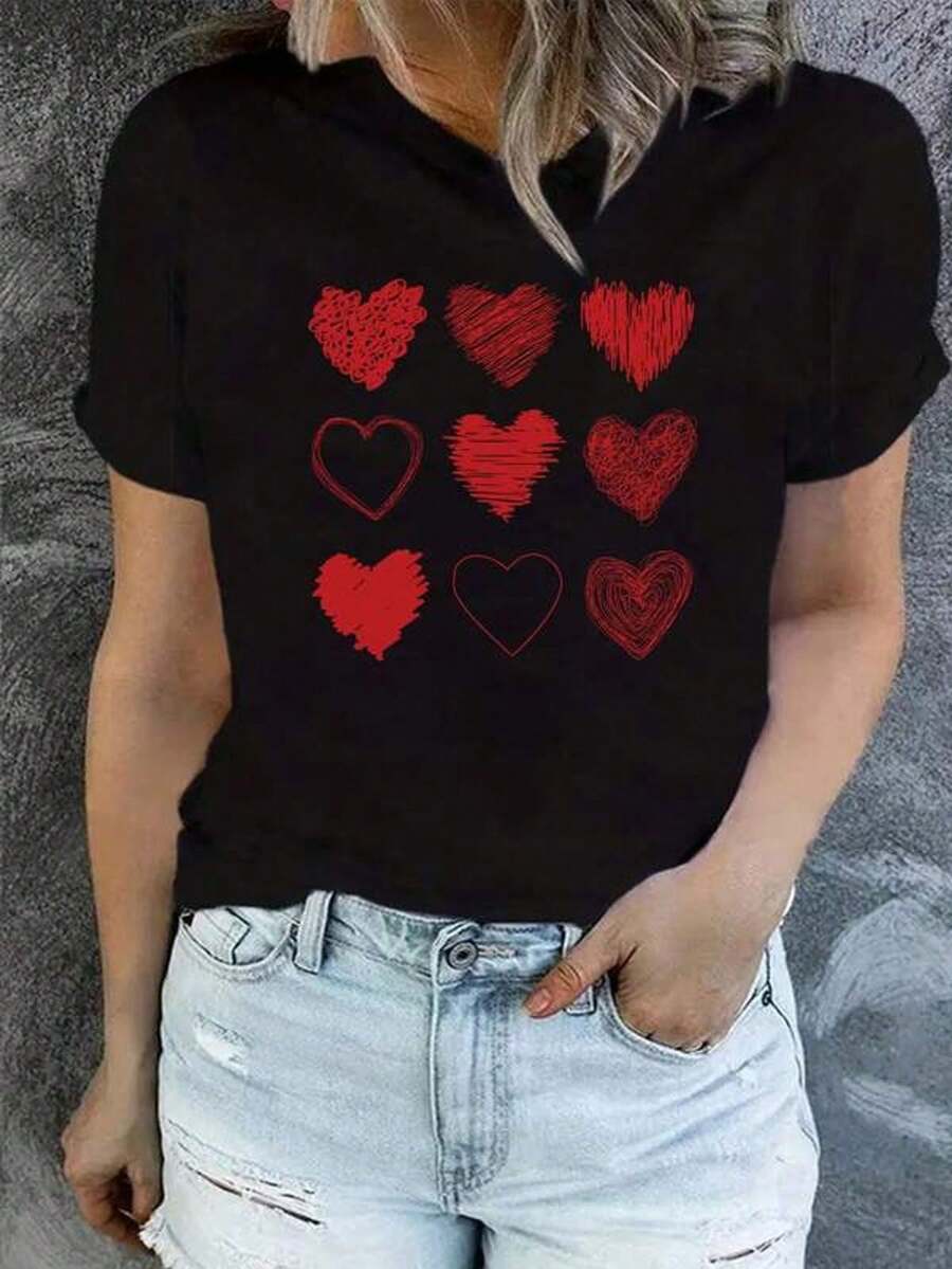 Camiseta con estampado gráfico, top casual de cuello redondo de manga cortara verano y primavera, ropa de mujer