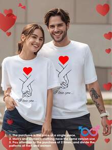 Camiseta de San Valentín con cuello redondo, diseño de corazones, estilo casual y holgado, tela suave y transpirable para todas las estaciones, temática romántica de amor, muy adecuada como regalo para parejas. - 1 unidad - Blanco para mujer - Ver 1