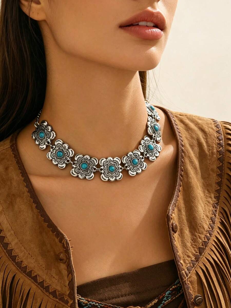 1 pieza Collar corto de mujer con incrustación de turquesa falsa cuadrada de estilo bohemio vintage, adecuado para uso casual y diario - Plata antigua - Ver 1
