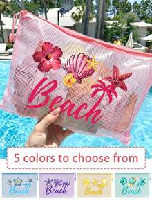 Fashionable Waterproof PVC Beach Shell Pattern Toiletry Bag With Colorful Letter Print - A4 Size, Transparent Makeup Storage Bag With Nylon Zipper. Ideal For Swimming, Diving And Summer Vacation - Lightweight And Practical, Suitable For All Ages And Genders. Beach Bag Accessory, Travel Essential, Vacation Luggage Choice - Multicolor - View 2