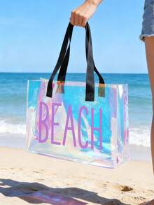"BEACH" Print Transparent Tote Bag, Colorful Transparent Beach Bag, Large Waterproof PVC Swimming Bag, Portable Transparent Travel Shoulder Bag, Lightweight Durable Pool Bag, Fashion Transparent Handbag Suitable For Beach Vacation, Swimming, Sports Training, Fitness, Travel, Daily Outings, Shopping, Mother's Day, Birthday, Anniversary, Party Gift For Women, Girls, Moms, Friends, Summer Essential - Multicolor - View 7