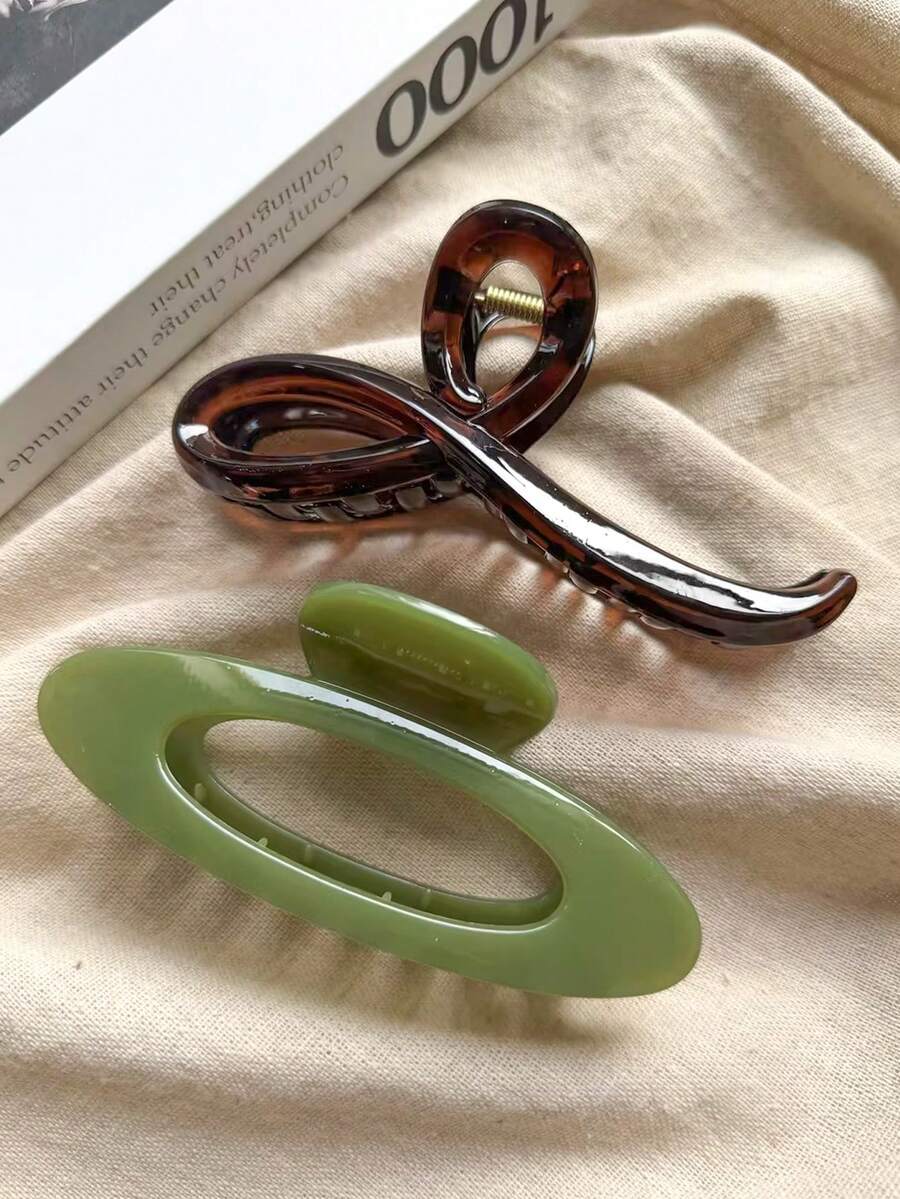 2件/1件 女款 12cm/4.72in 棕色蝴蝶結造型綠色橢圓大號輕量塑料髮夾,時尚百搭高級優雅極簡純色髮飾,適用日常穿搭、外出、休閒、派對、通勤、髮型造型、盤髮、洗臉、沐浴、化妝、穿搭搭配、髮飾、海灘度假髮夾 - 彩色 - 查看 1