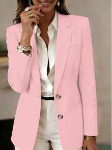 Damen Langarm Revers Knopfjacke, reguläre Länge gestrickter Stoff leichter Blazer, schafft eleganten und modischen akademischen Stil Rosa - Pink - Übersicht 8
