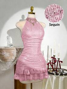 Or A Women's Halter Neckline Dress, Sleeveless, With Burgundy Sequins, For Dates, Parties, Nightclubs, Halloween, Valentine's Day, Elegant Occasions, Christmas, Birthdays, Spring, Summer, Autumn, Winter - 羅莎 - 查看 12