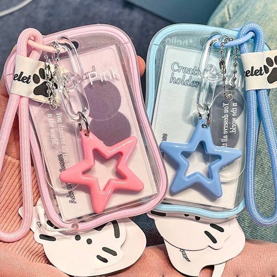 Gradient Pastel Multi-Color Wave Shape Clear Card Holder Hollow Star Pendant Hand Strap ID Badge Cover, Sweet Coquette Style School Bus Pass Credit Card Protective Case With Kitty Hang Tag - Color - View 1