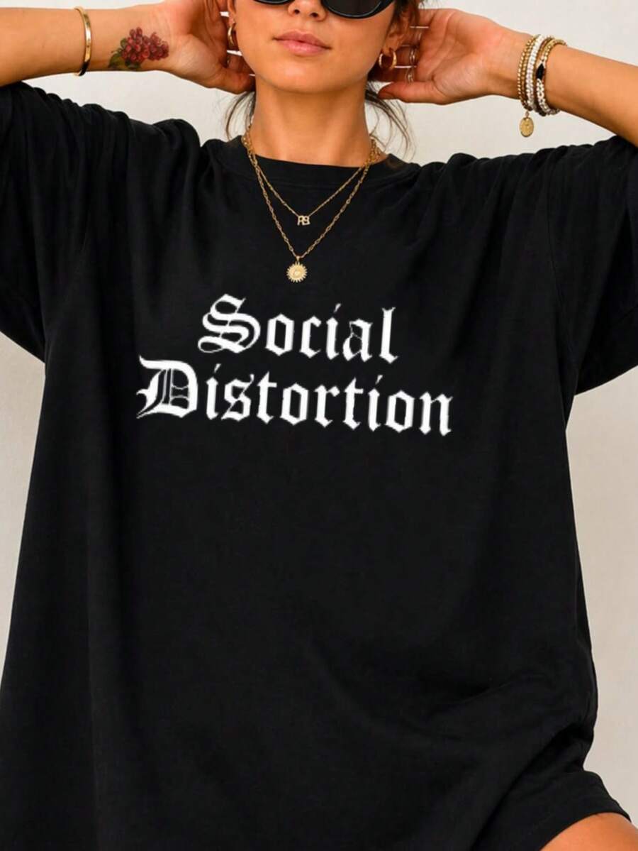 1pc Women's T-Shirt, Men's T-Shirt, Round Neck, Youthful Urban Style, FCKS GIVEN Print With Meter Design, For Youth And Adults, Ideal For Casual Wear And Streetwear - 黑色3 - 查看 1