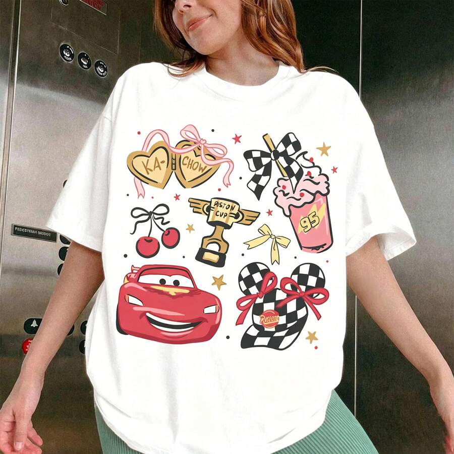 Cute KA-CHOW Lightning McQueen Minnie Bow Print 100% Cotton Tee, Disney Cars Casual Women Short Sleeve T-Shirt - 白色 - 查看 1